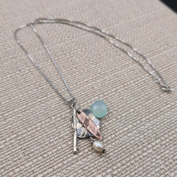 18 Inch Sterling Silver Various Charms Stone Pearl Necklace A7079 - Picture 2 of 7